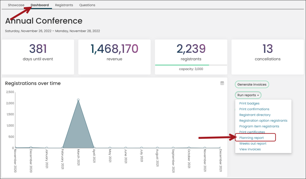From the dashboard tab, select the Planning report from the Run reports drop-down.